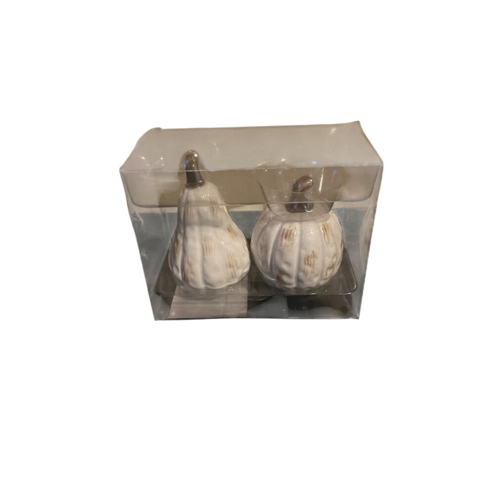 Pumpkin Shaped Ceramic Salt & Pepper Shakers Set Retired Fruit Shakers